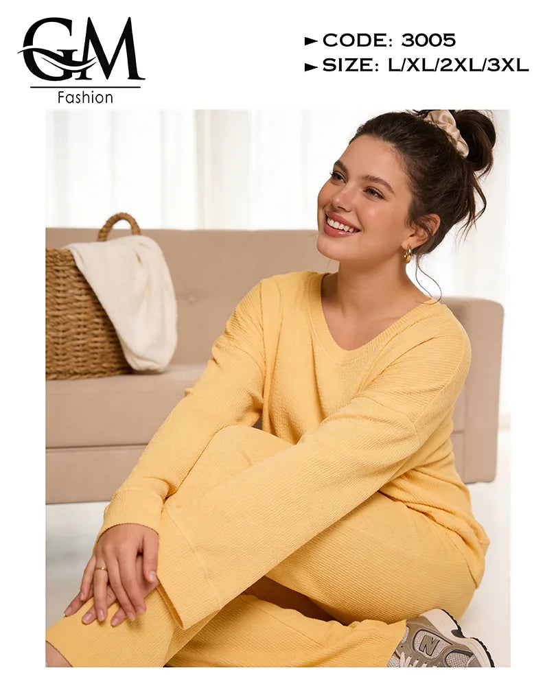 طقم حريمي خريفي ليكرا مضلع (Ribbed) بلوزة + بنطلون | GM Fashion كود 3005