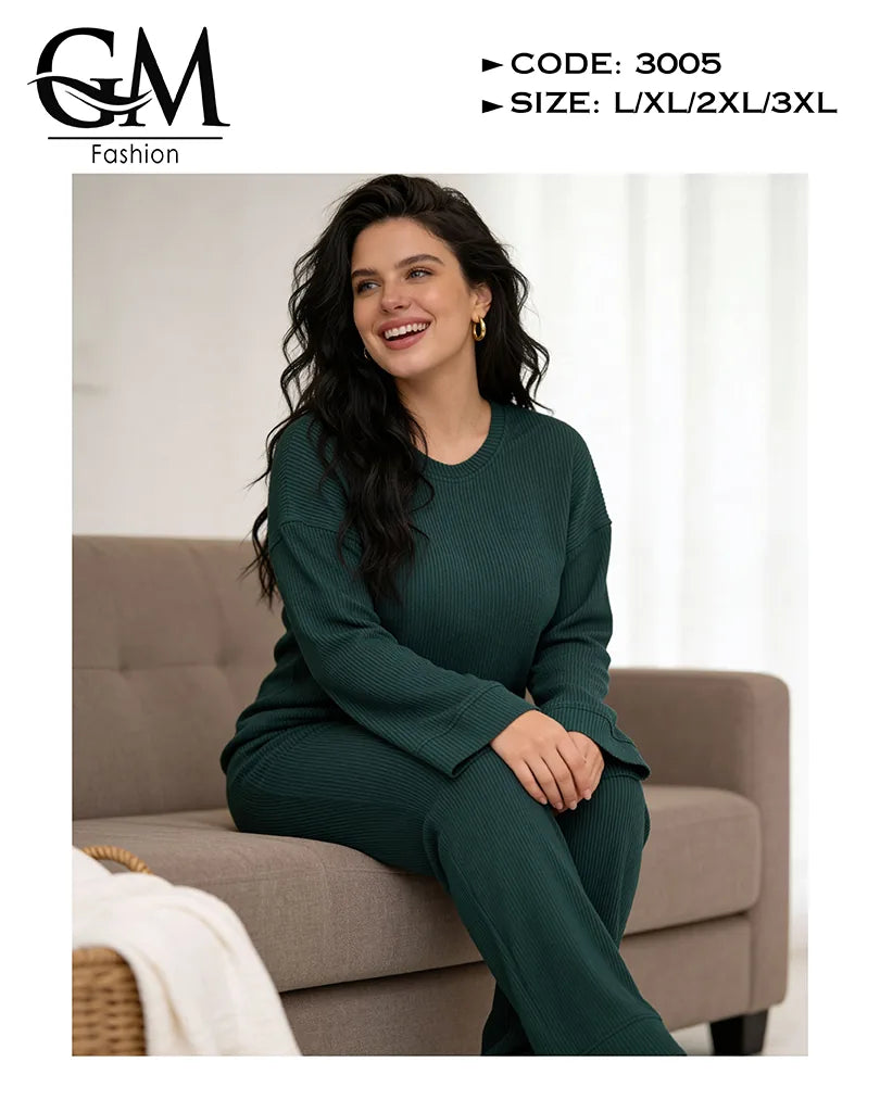 طقم حريمي خريفي ليكرا مضلع (Ribbed) بلوزة + بنطلون | GM Fashion كود 3005