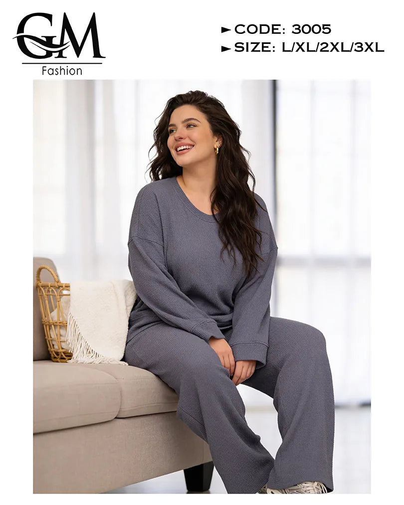 طقم حريمي خريفي ليكرا مضلع (Ribbed) بلوزة + بنطلون | GM Fashion كود 3005
