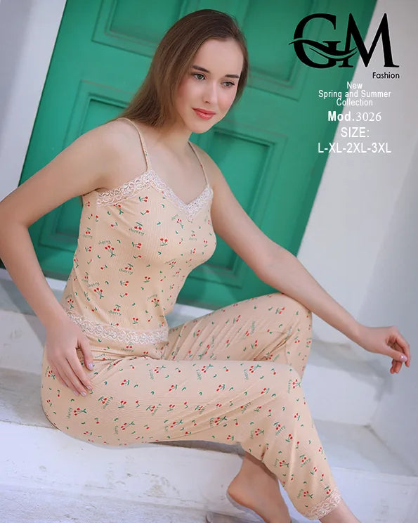طقم بيتي حريمي صيفي قطن بحمالة موديل 3026 | GM Fashion