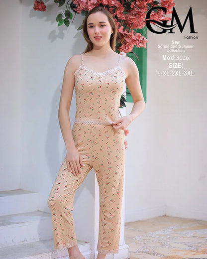 طقم بيتي حريمي صيفي قطن بحمالة موديل 3026 | GM Fashion
