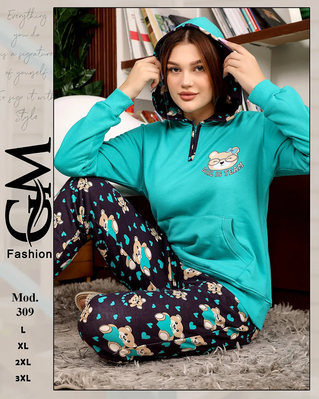 بيجامة شتوي ميلتون مطبوع للسيدات بقبعة – موديل 309 | GM Fashion