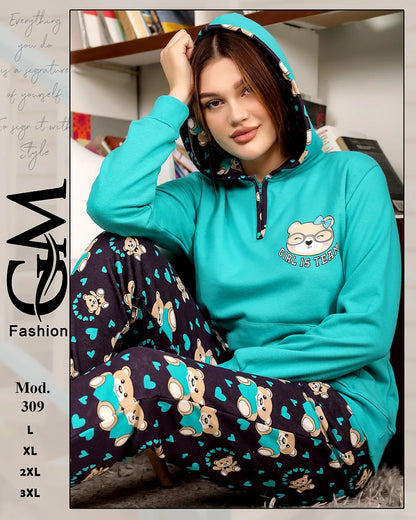 بيجامة شتوي ميلتون مطبوع للسيدات بقبعة – موديل 309 | GM Fashion