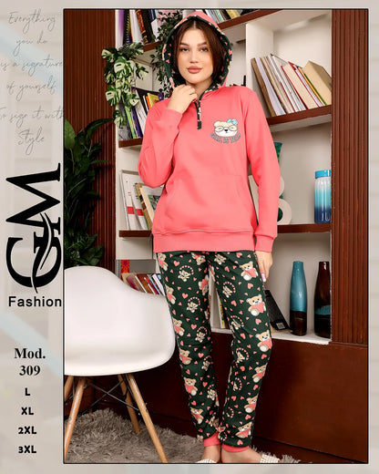 بيجامة شتوي ميلتون مطبوع للسيدات بقبعة – موديل 309 | GM Fashion