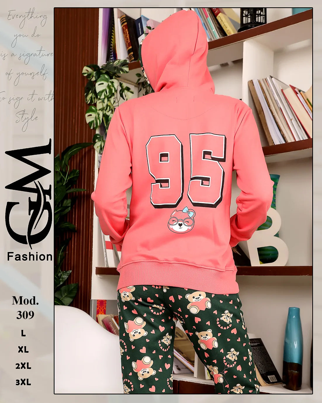 بيجامة شتوي ميلتون مطبوع للسيدات بقبعة – موديل 309 | GM Fashion
