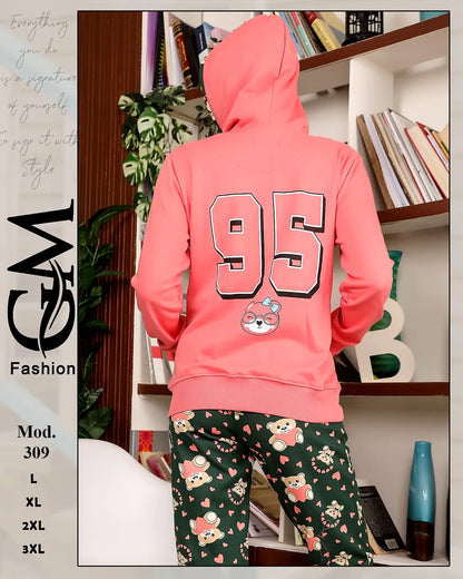 بيجامة شتوي ميلتون مطبوع للسيدات بقبعة – موديل 309 | GM Fashion