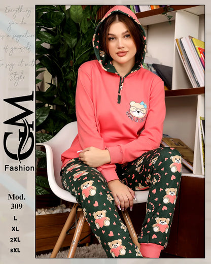 بيجامة شتوي ميلتون مطبوع للسيدات بقبعة – موديل 309 | GM Fashion