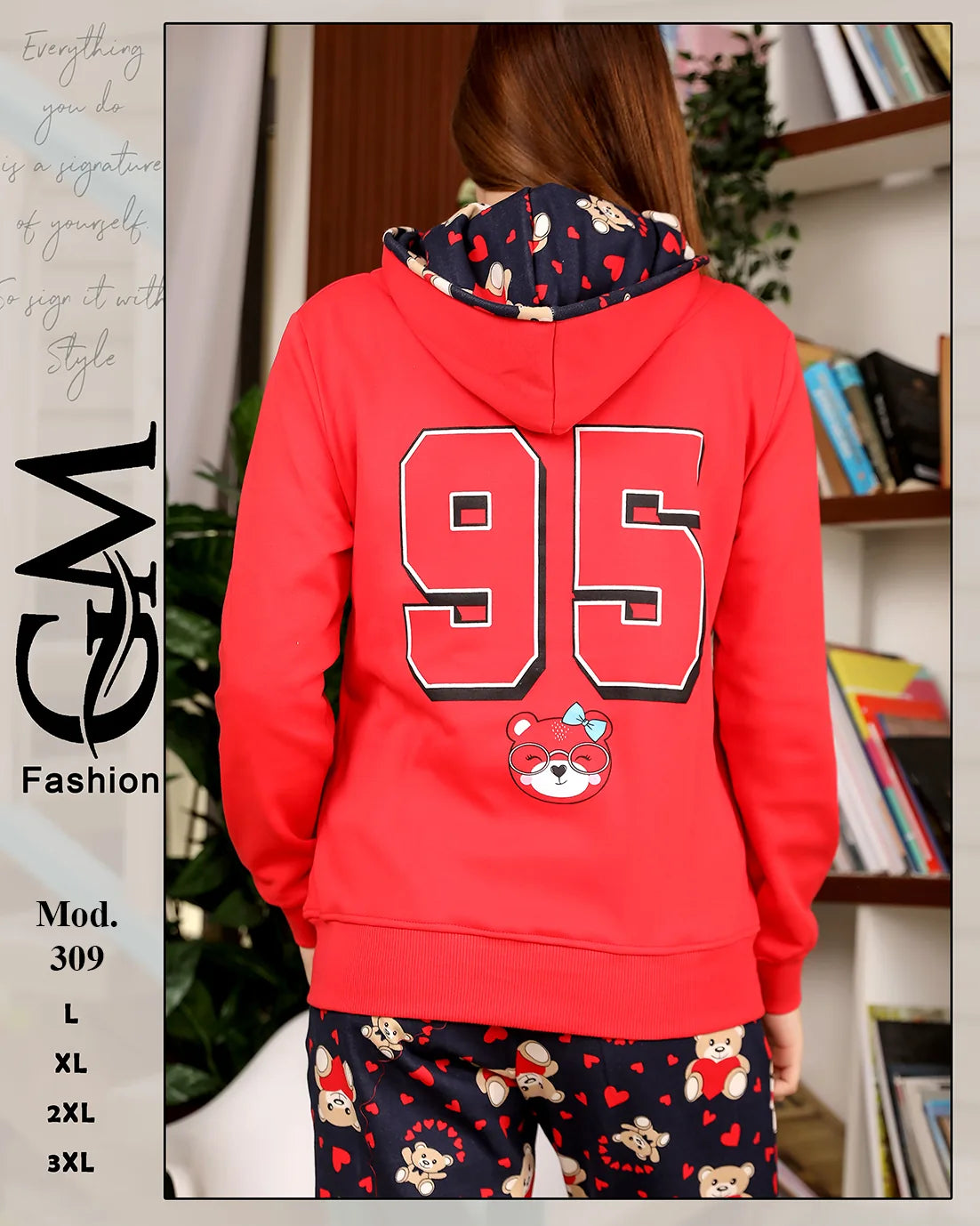 بيجامة شتوي ميلتون مطبوع للسيدات بقبعة – موديل 309 | GM Fashion