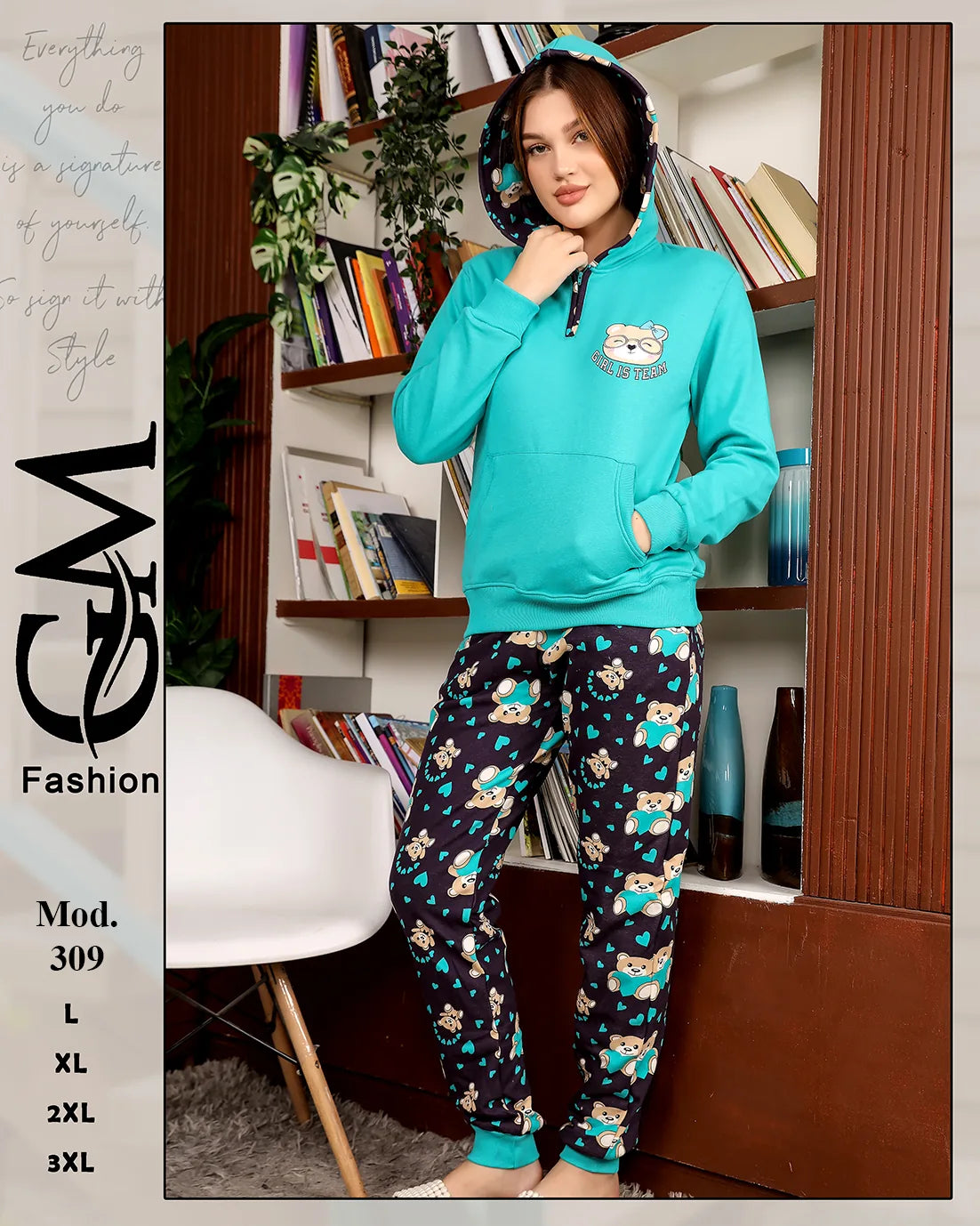بيجامة شتوي ميلتون مطبوع للسيدات بقبعة – موديل 309 | GM Fashion