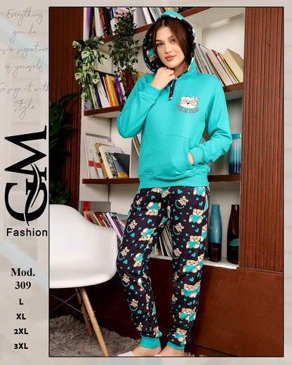 بيجامة شتوي ميلتون مطبوع للسيدات بقبعة – موديل 309 | GM Fashion