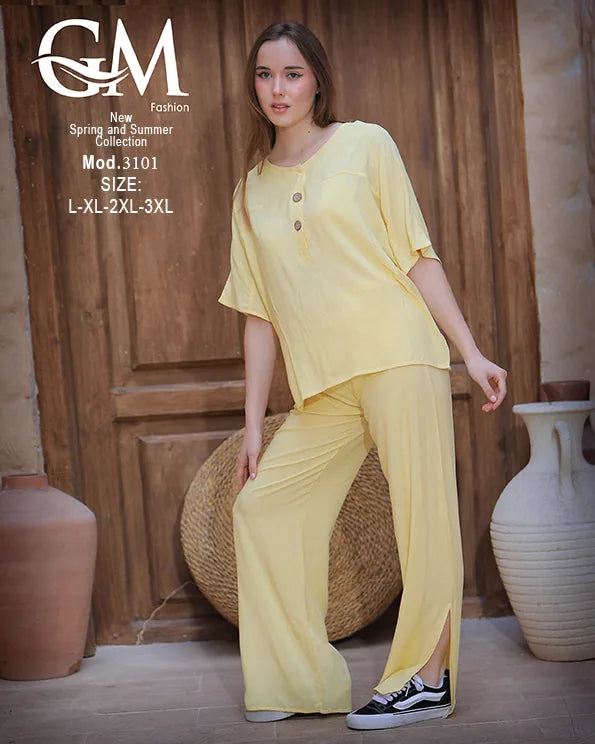 طقم حريمي صيفي واسع بلوزة وبنطلون موديل 3101 – GM Fashion