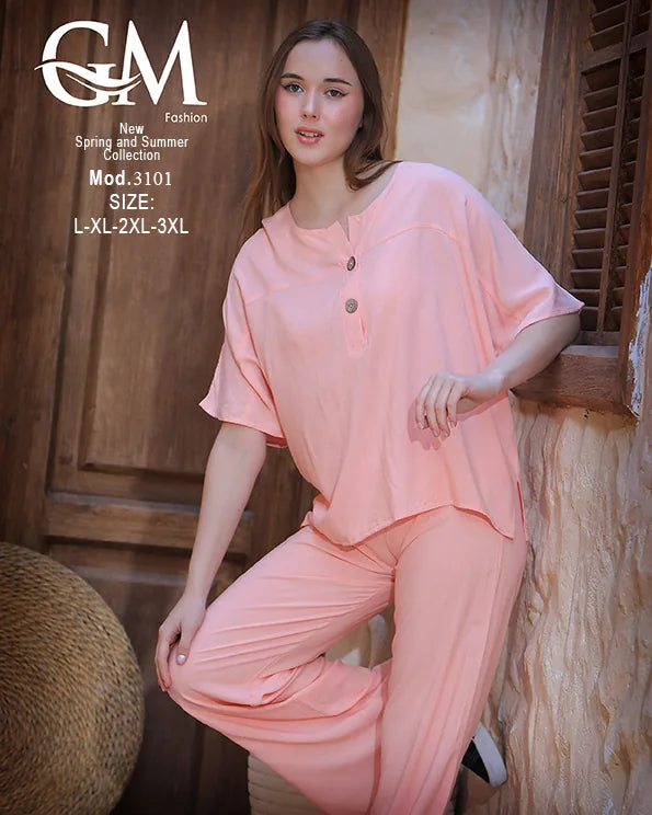 طقم حريمي صيفي واسع بلوزة وبنطلون موديل 3101 – GM Fashion