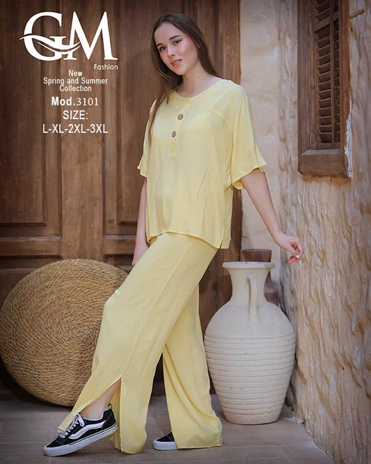 طقم حريمي صيفي واسع بلوزة وبنطلون موديل 3101 – GM Fashion