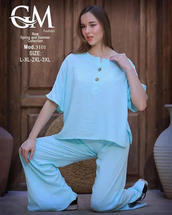 طقم حريمي صيفي واسع بلوزة وبنطلون موديل 3101 – GM Fashion