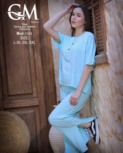 طقم حريمي صيفي واسع بلوزة وبنطلون موديل 3101 – GM Fashion