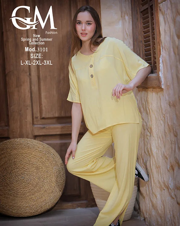 طقم حريمي صيفي واسع بلوزة وبنطلون موديل 3101 – GM Fashion
