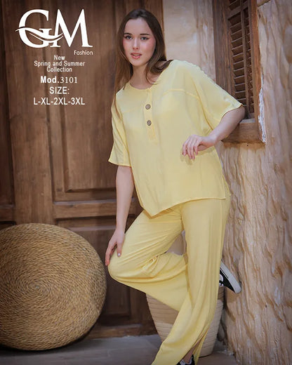 طقم حريمي صيفي واسع بلوزة وبنطلون موديل 3101 – GM Fashion
