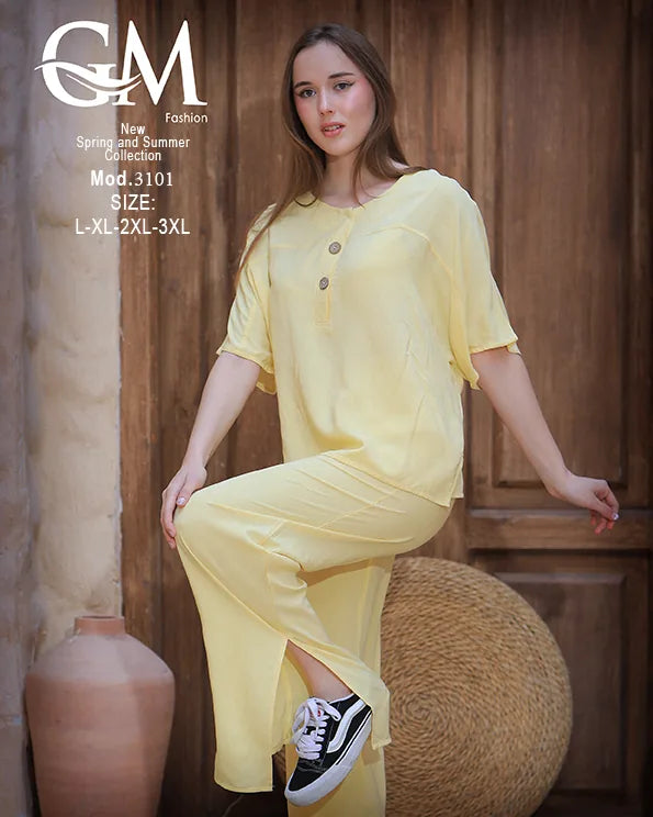 طقم حريمي صيفي واسع بلوزة وبنطلون موديل 3101 – GM Fashion