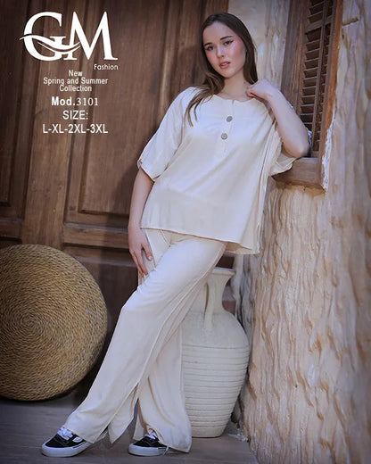طقم حريمي صيفي واسع بلوزة وبنطلون موديل 3101 – GM Fashion
