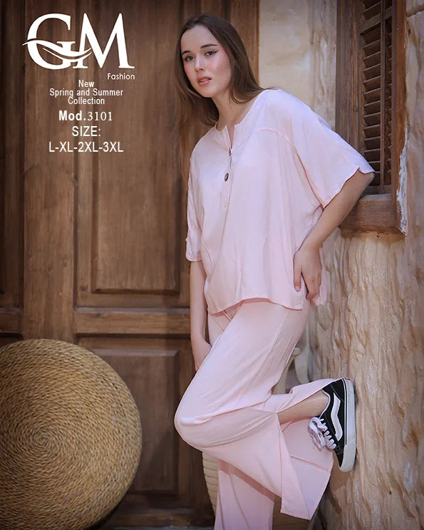 طقم حريمي صيفي واسع بلوزة وبنطلون موديل 3101 – GM Fashion