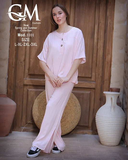 طقم حريمي صيفي واسع بلوزة وبنطلون موديل 3101 – GM Fashion