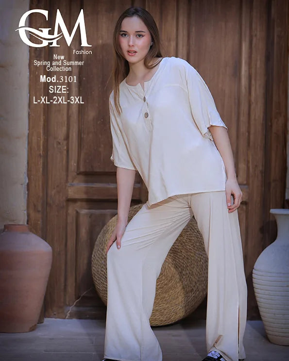 طقم حريمي صيفي واسع بلوزة وبنطلون موديل 3101 – GM Fashion