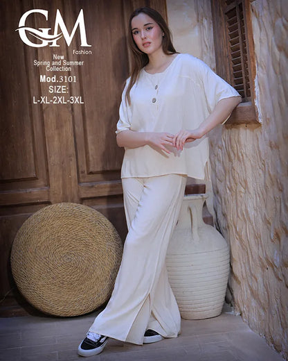 طقم حريمي صيفي واسع بلوزة وبنطلون موديل 3101 – GM Fashion
