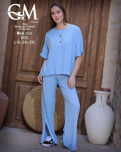 طقم حريمي صيفي واسع بلوزة وبنطلون موديل 3101 – GM Fashion