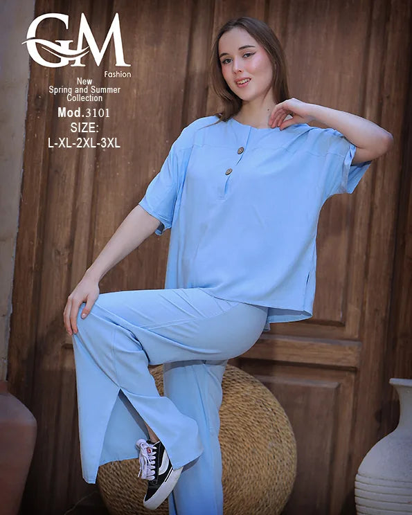 طقم حريمي صيفي واسع بلوزة وبنطلون موديل 3101 – GM Fashion