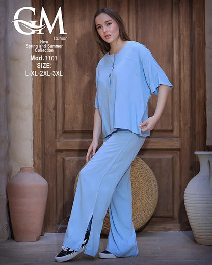 طقم حريمي صيفي واسع بلوزة وبنطلون موديل 3101 – GM Fashion