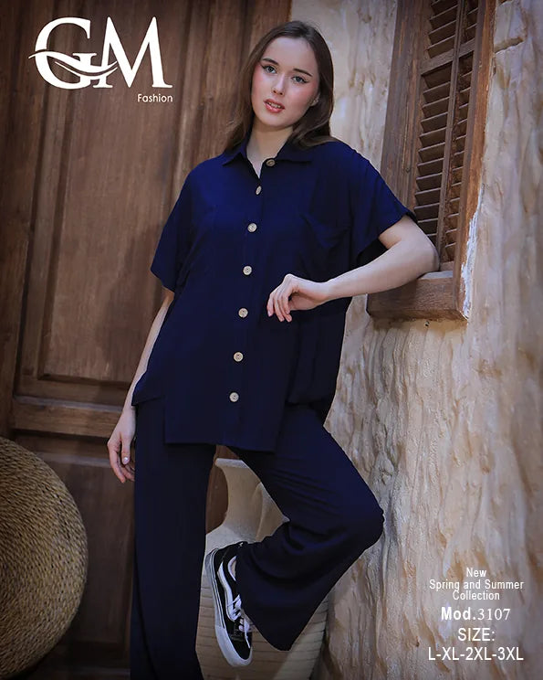 طقم حريمي صيفي قميص وبنطلون واسع – GM Fashion موديل 3107