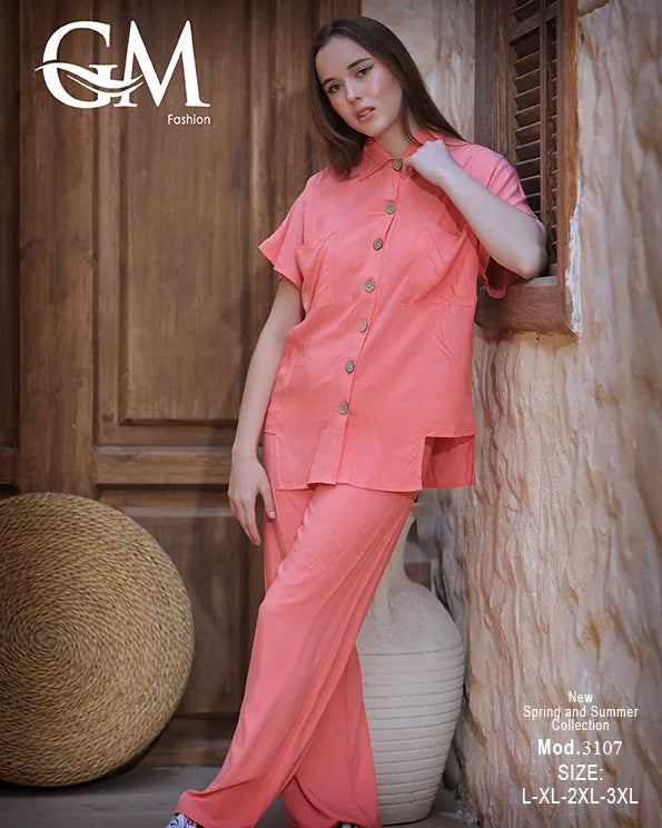 طقم حريمي صيفي قميص وبنطلون واسع – GM Fashion موديل 3107