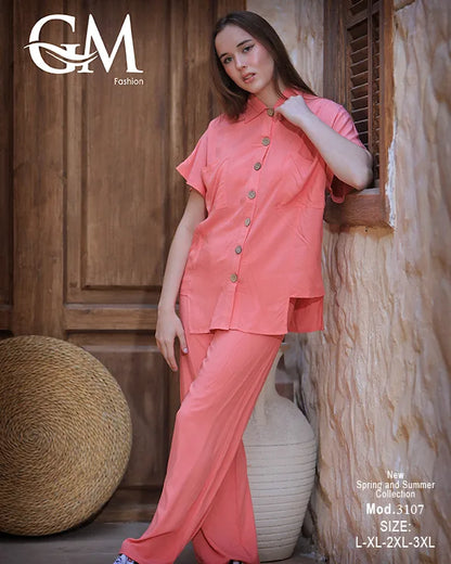 طقم حريمي صيفي قميص وبنطلون واسع – GM Fashion موديل 3107