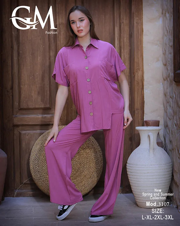 طقم حريمي صيفي قميص وبنطلون واسع – GM Fashion موديل 3107