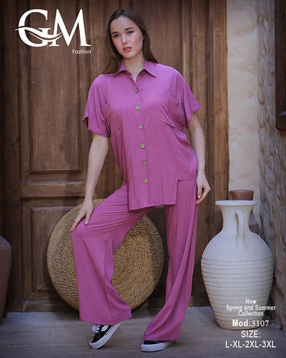 طقم حريمي صيفي قميص وبنطلون واسع – GM Fashion موديل 3107