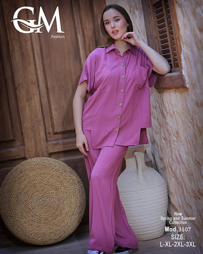 طقم حريمي صيفي قميص وبنطلون واسع – GM Fashion موديل 3107