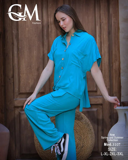 طقم حريمي صيفي قميص وبنطلون واسع – GM Fashion موديل 3107