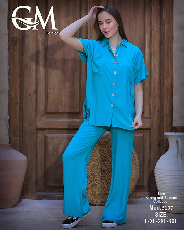 طقم حريمي صيفي قميص وبنطلون واسع – GM Fashion موديل 3107