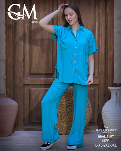 طقم حريمي صيفي قميص وبنطلون واسع – GM Fashion موديل 3107