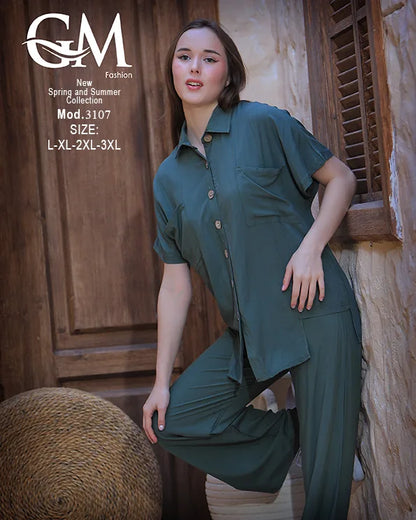 طقم حريمي صيفي قميص وبنطلون واسع – GM Fashion موديل 3107