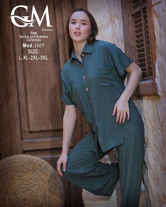طقم حريمي صيفي قميص وبنطلون واسع – GM Fashion موديل 3107
