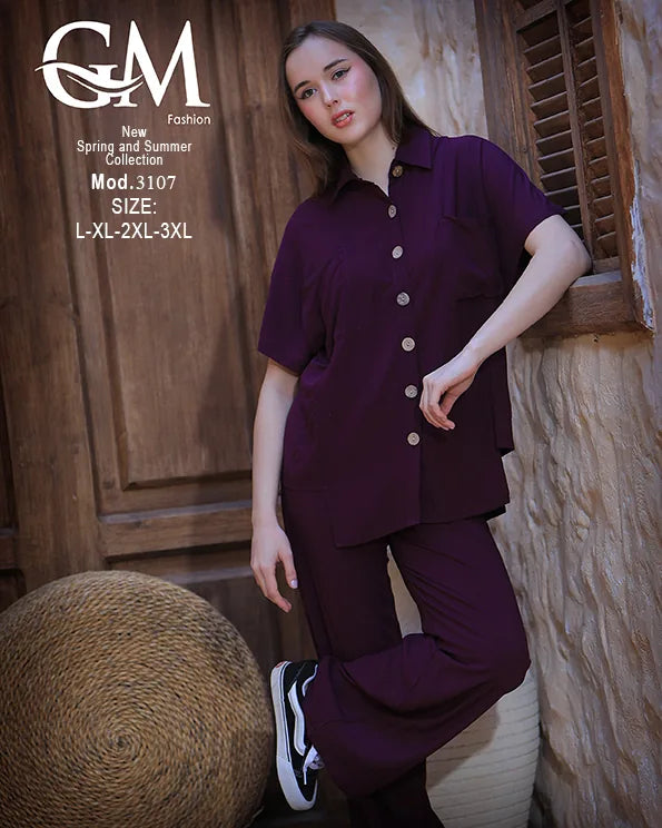 طقم حريمي صيفي قميص وبنطلون واسع – GM Fashion موديل 3107