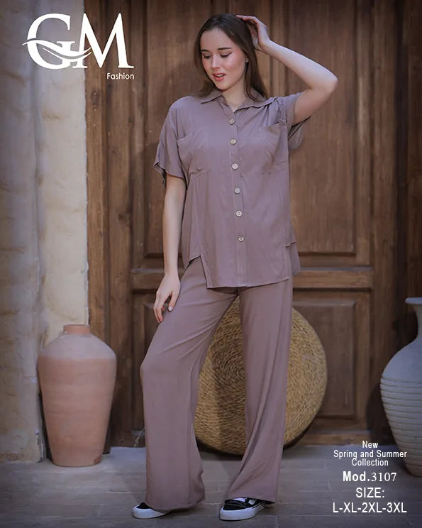 طقم حريمي صيفي قميص وبنطلون واسع – GM Fashion موديل 3107