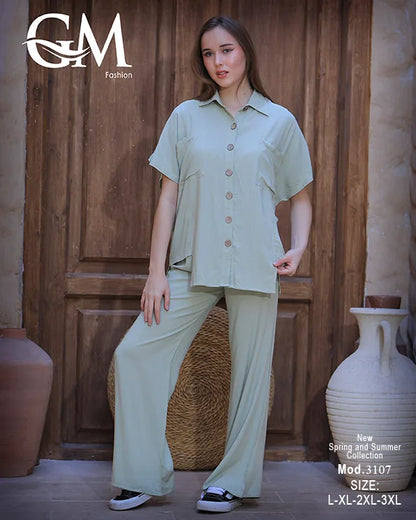 طقم حريمي صيفي قميص وبنطلون واسع – GM Fashion موديل 3107