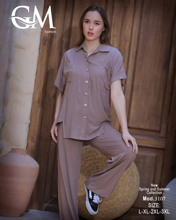 طقم حريمي صيفي قميص وبنطلون واسع – GM Fashion موديل 3107