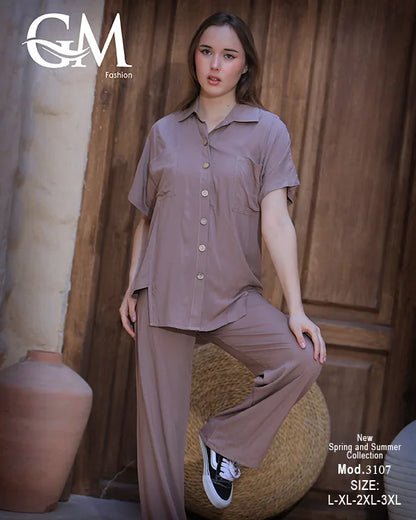 طقم حريمي صيفي قميص وبنطلون واسع – GM Fashion موديل 3107