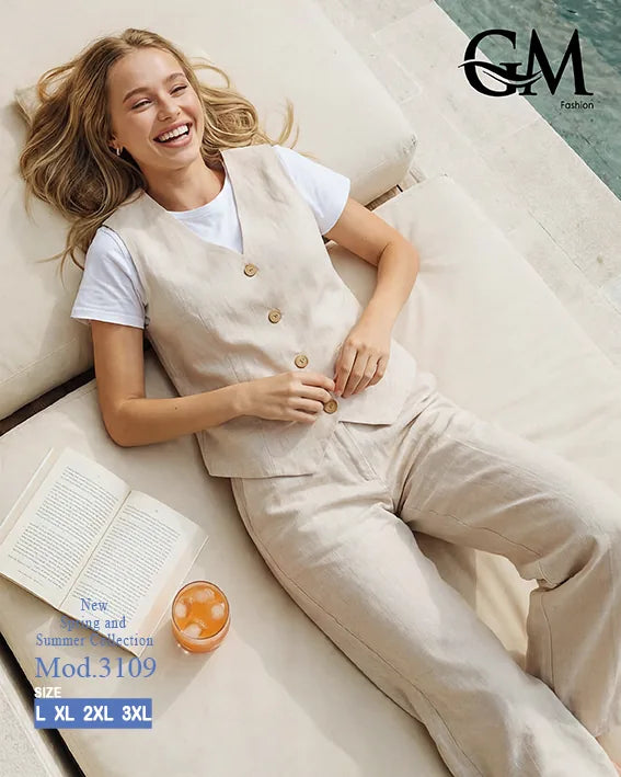 طقم حريمي كاجوال تيشيرت وبنطلون مع فيست متصل – GM Fashion موديل 3109