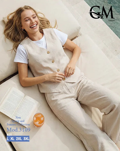 طقم حريمي كاجوال تيشيرت وبنطلون مع فيست متصل – GM Fashion موديل 3109
