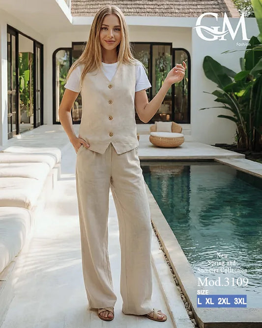 طقم حريمي كاجوال تيشيرت وبنطلون مع فيست متصل – GM Fashion موديل 3109