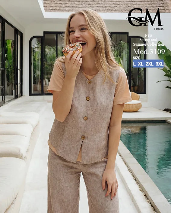 طقم حريمي كاجوال تيشيرت وبنطلون مع فيست متصل – GM Fashion موديل 3109